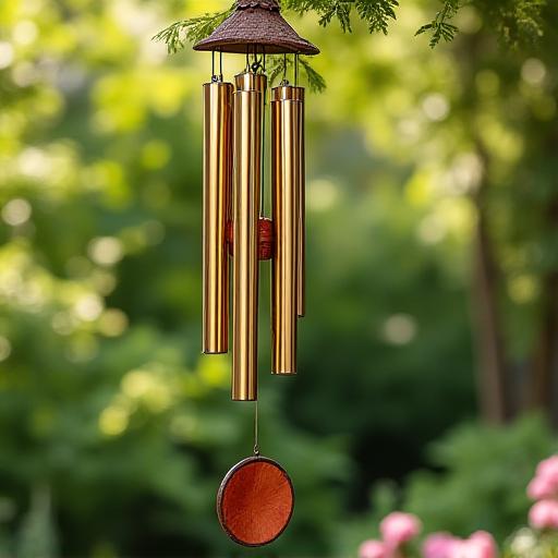 Brass and ceramic wind chimes hanging in a garden