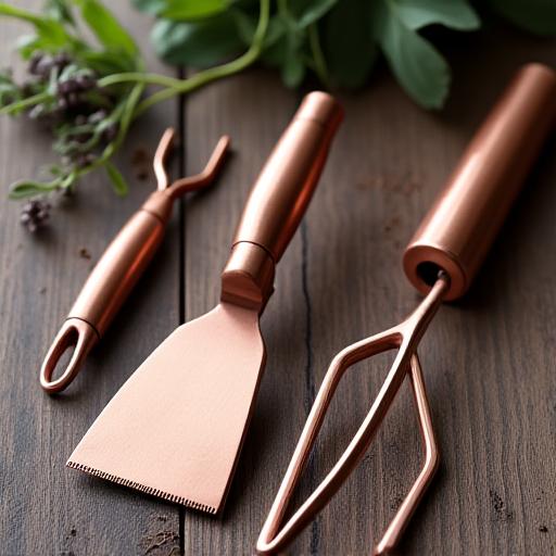 Set of copper gardening trowel and fork on a wooden table