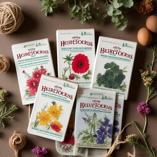Packets of heirloom seeds arranged on a rustic surface
