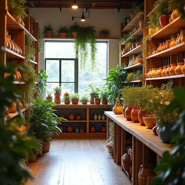 Interior view of Clay Haven Garden shop with wooden shelves and hanging plants