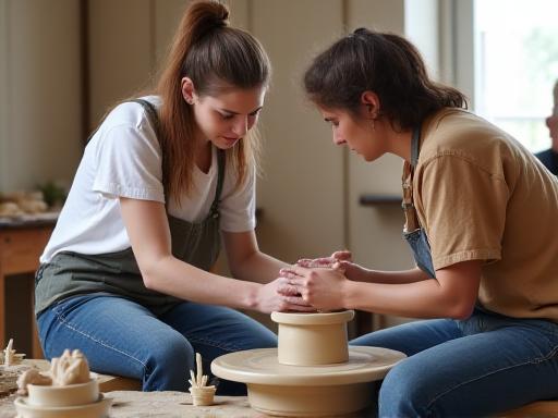 Student learning pottery wheel throwing
